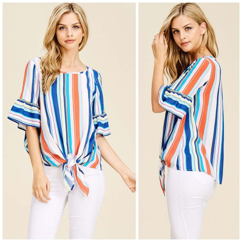 LAST 1! ๐Striped Woven Ruffle Self Tie Top! - Picture 2 of 4